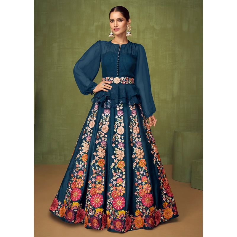 Wedding Party Peacock Blue Bridesmaid Peplum Anarkali Style Skirt