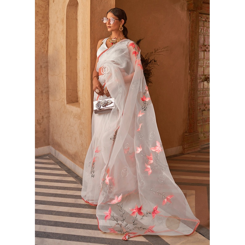White Organza Net Printed Embroidered Classic Indian Saree