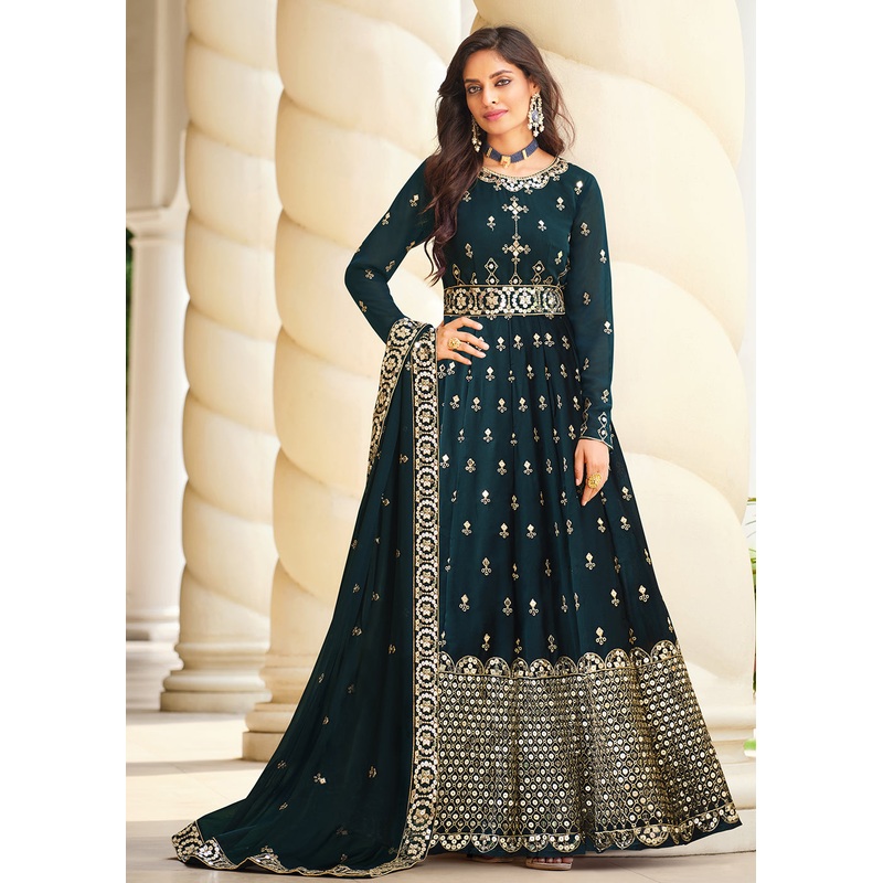 Wondrous Teal Blue Sequins Wedding Pant Style Anarkali