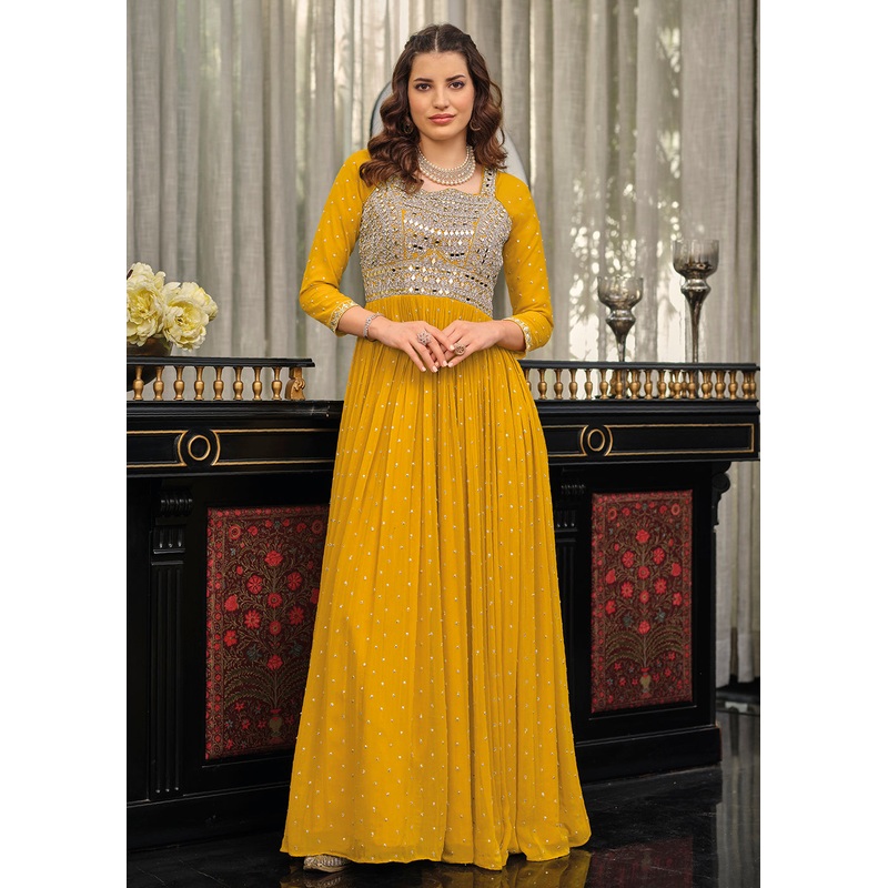 Yellow Haldi Wedding Party Wear Long Anarkali Gown