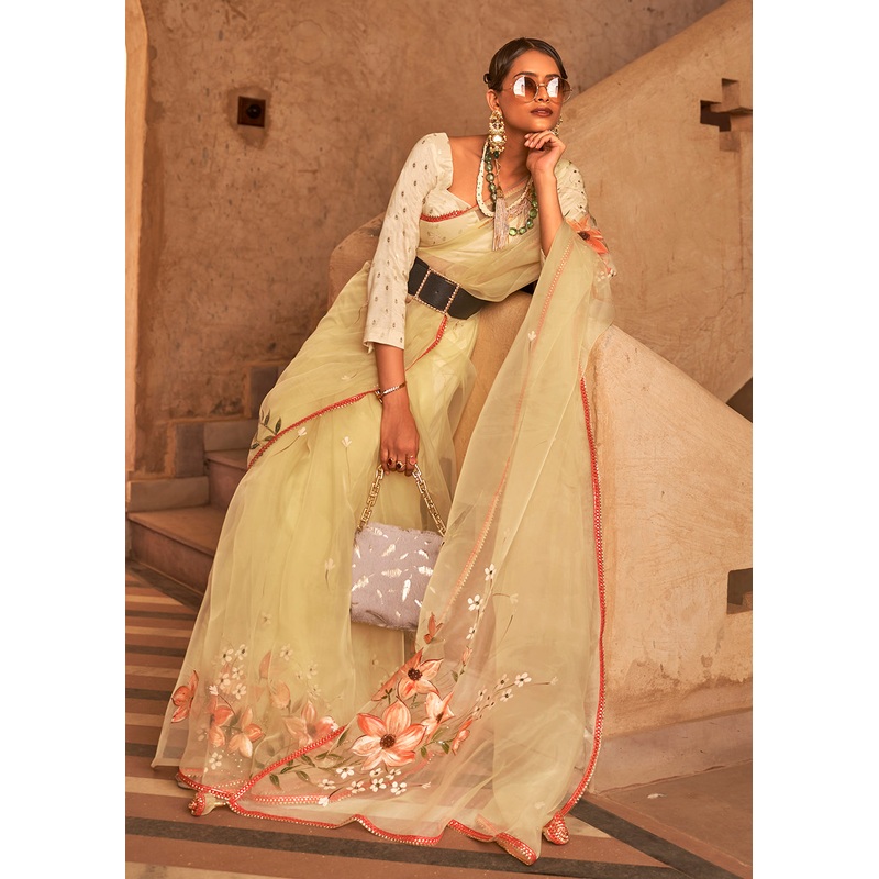 Yellow Organza Net Printed Embroidered Classic Indian Saree