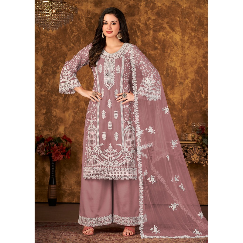 Alluring Mauve Cording Embroidered Net Palazzo Suit
