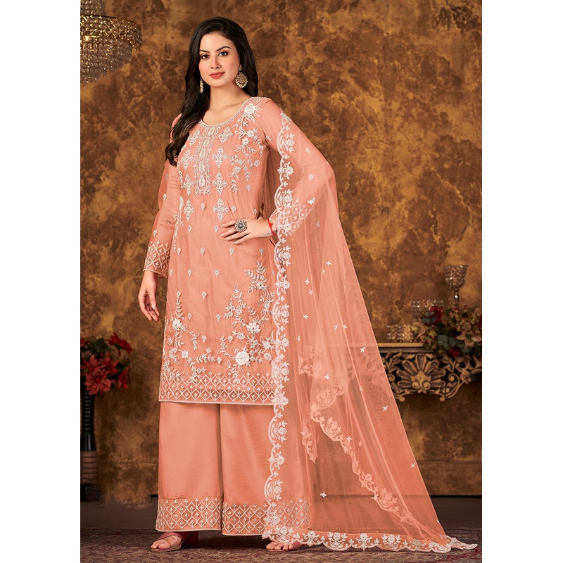 Alluring Peach Cording Embroidered Net Palazzo Suit