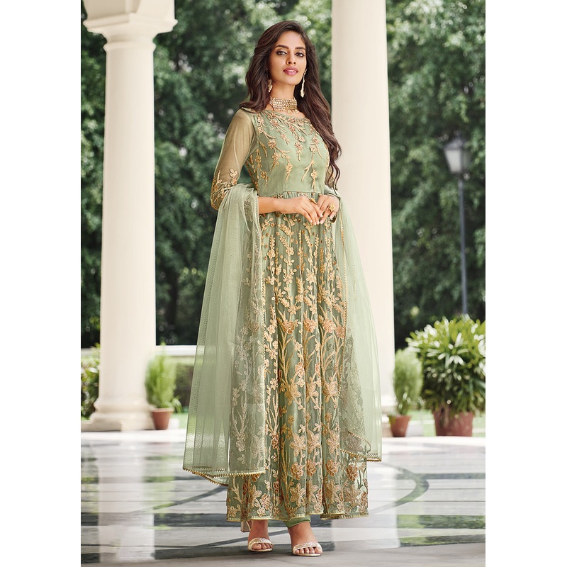 Appealing Pista Green Designer Front Slit Anarkali Dress