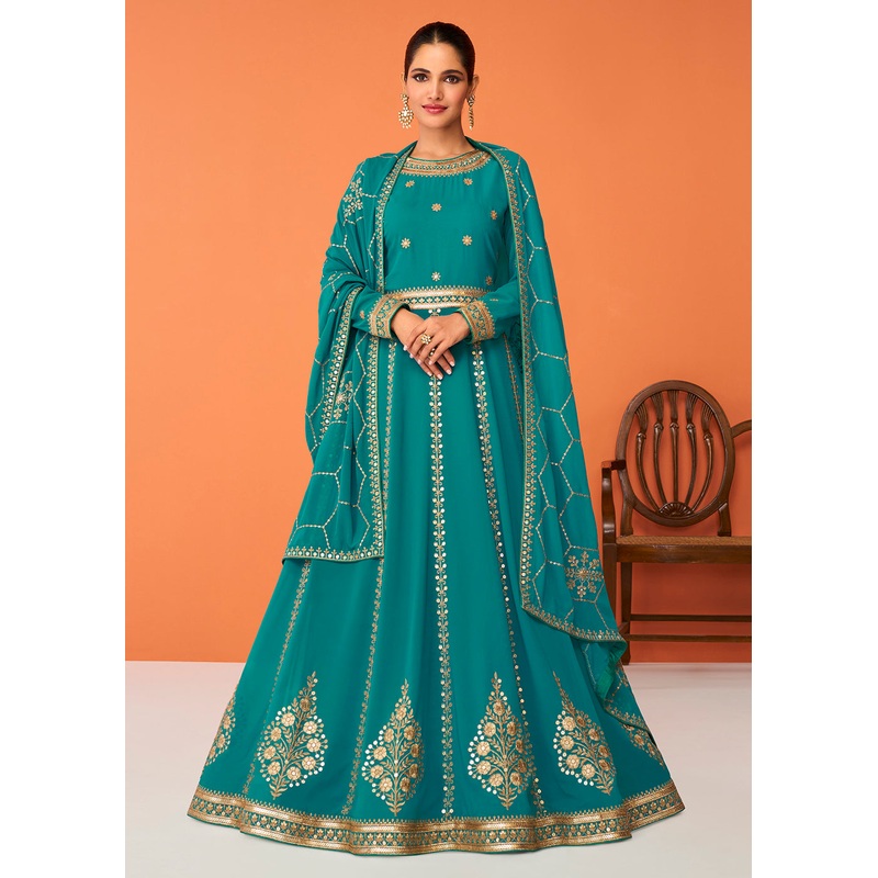 Aqua Blue Festive Wear Embroidered Anarkali Suit