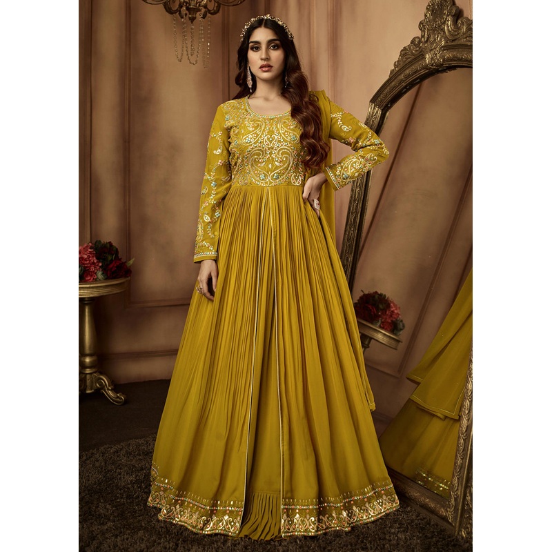 Astounding Mustard Yellow Sequins Wedding Festive Anarkali Suit