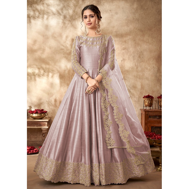 Attractive Pale Mauve Art Silk Zari Embroidered Festive Anarkali Gown