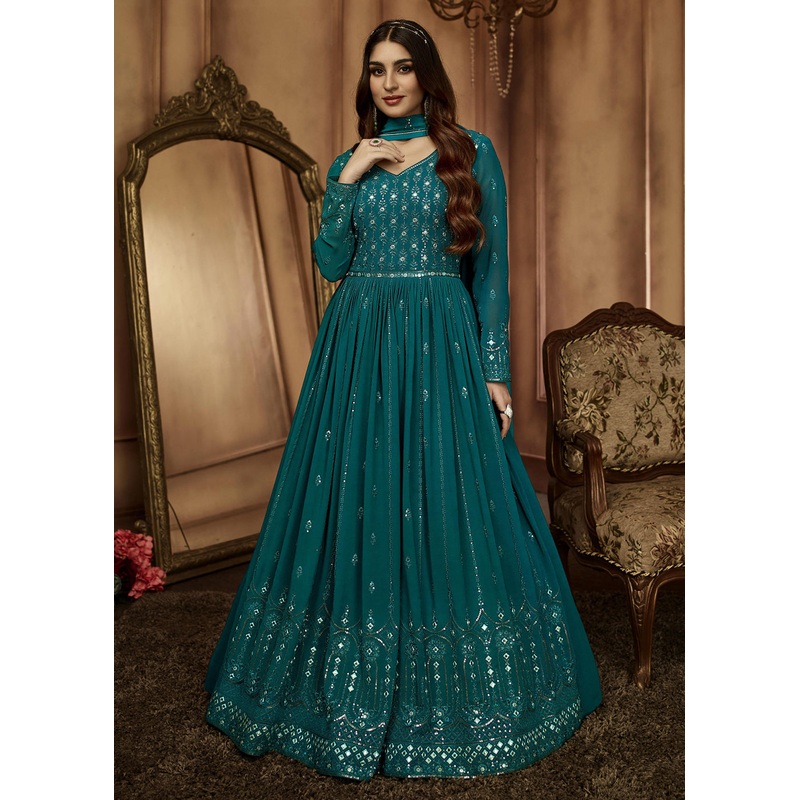 Beauteous Teal Green Sequins Wedding Festive Anarkali Suit