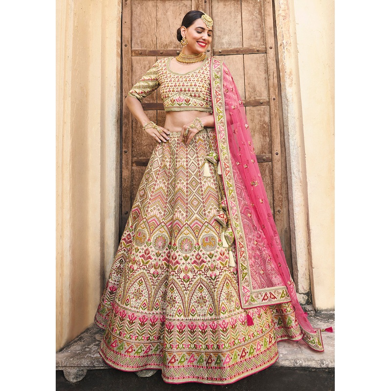 Beigey Cream Bridal Wear Heavy Embroidered Silk Lehenga Choli