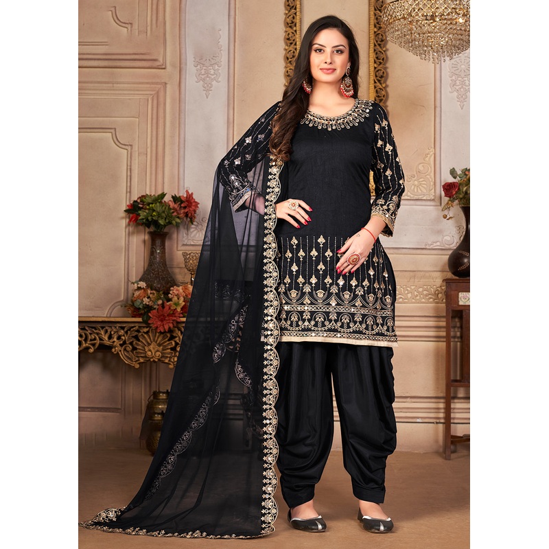 Black Patiala Style Silk Crafted Punjabi Salwar Suit