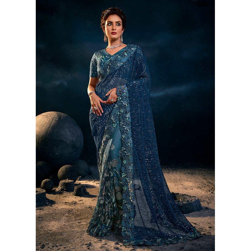 Blazing Blue Premium Net Heavy Embroidered Designer Saree