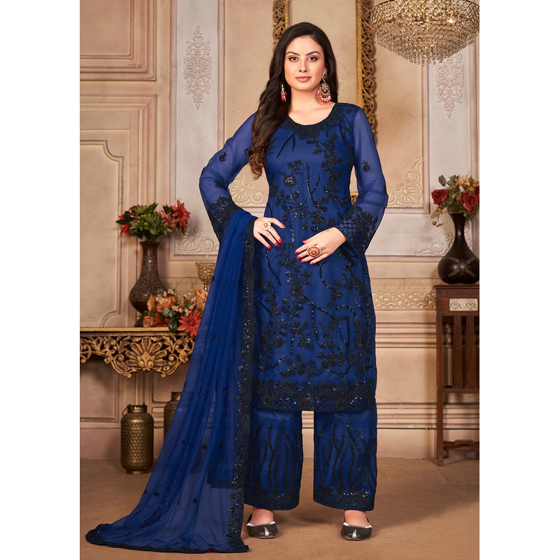 Blue & Black Cording & Sequins Embroidered Pant Style Suit