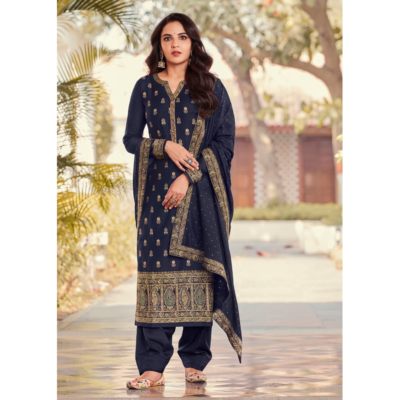 Blue Jacquard Embordered Festive Pant Salwar Suit