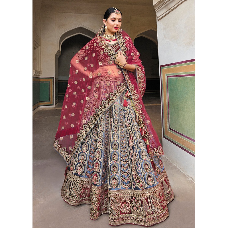 Blue & Maroon Bridal Wear Heavy Embroidered Silk Lehenga Choli