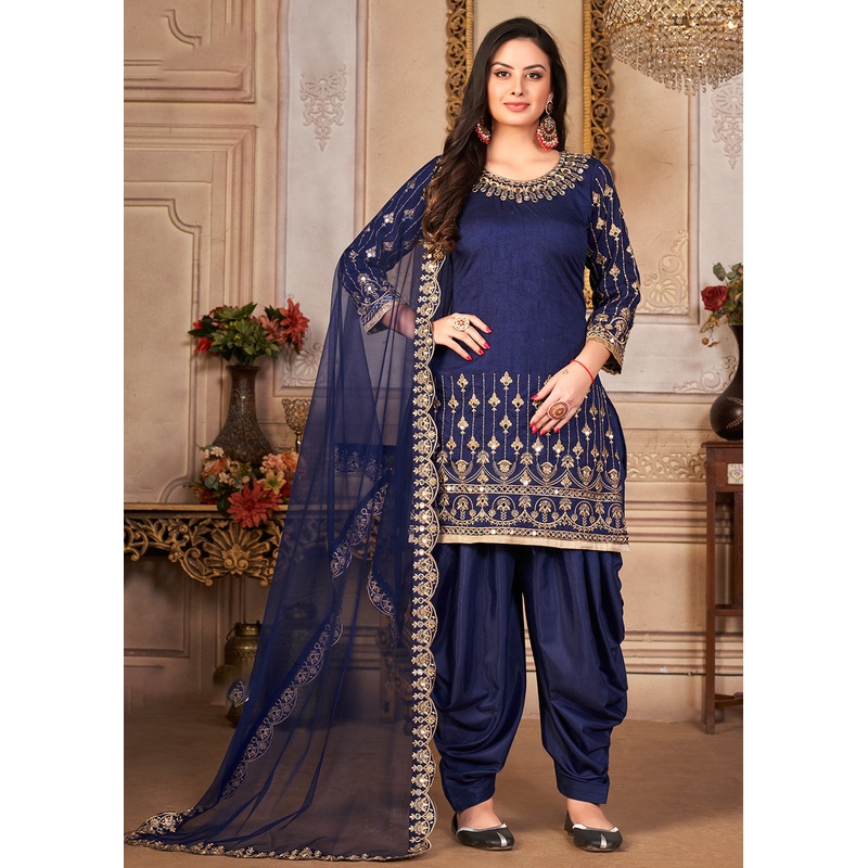 Blue Patiala Style Silk Crafted Punjabi Salwar Suit
