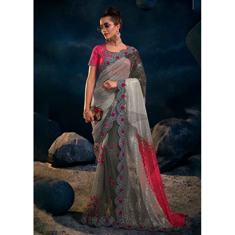 Bright Grey Premium Net Heavy Embroidered Designer Saree
