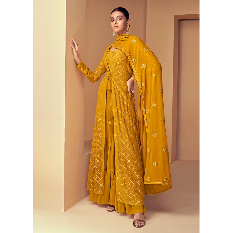Bright Yellow Jacket Style Party Wear Indo Western Dress