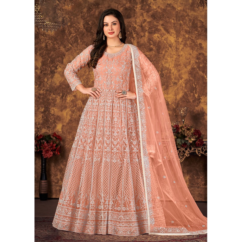 Brilliant Peach Cording Embroidered Wedding Anarkali Dress