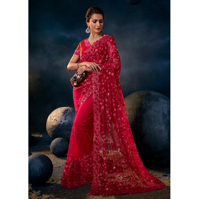 Brilliant Red Premium Net Heavy Embroidered Designer Saree