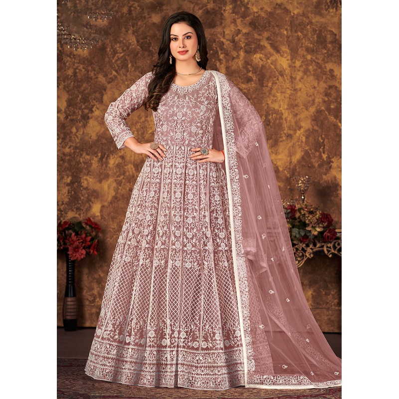 Charming Mauve Cording Embroidered Wedding Anarkali Dress