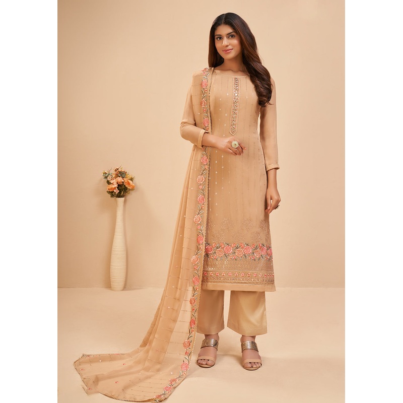 Chikoo Beige Floral Embroidered Festive Pant Style Suit