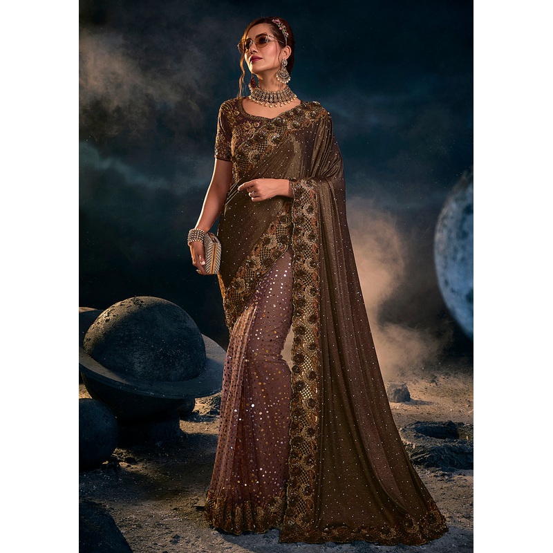 Chocolate Brown Premium Net Heavy Embroidered Designer Saree