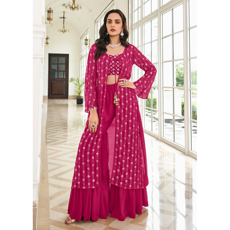 Classic Hot Pink 3 Piece Sequins Embroidered Gharara Suit