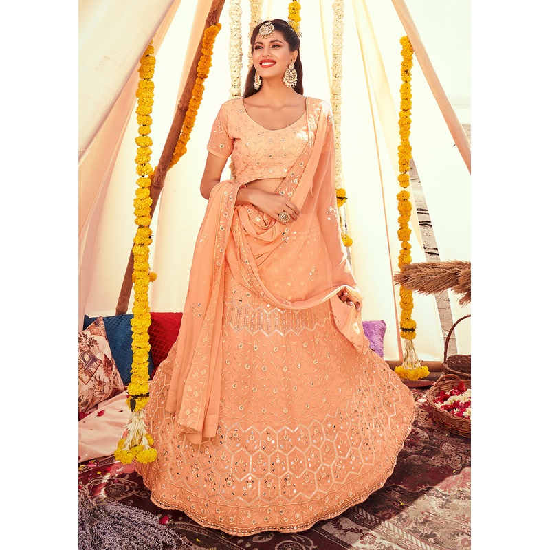 Coral Peach Sequined Wedding Function Wear Lehenga Choli