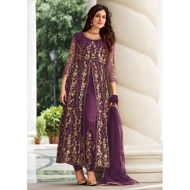 Dazzling Wine Purple Designer Front Slit Anarkali Dress