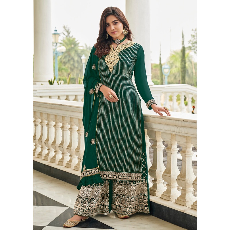 Elegant Bottle Green Resham & Zari Work Palazzo Salwar Suit