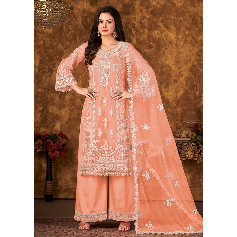 Elegant Peach Cording Embroidered Net Palazzo Suit