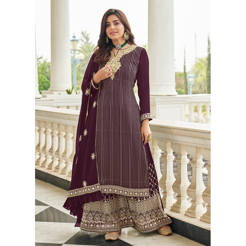 Elegant Plum Purple Resham & Zari Work Palazzo Salwar Suit