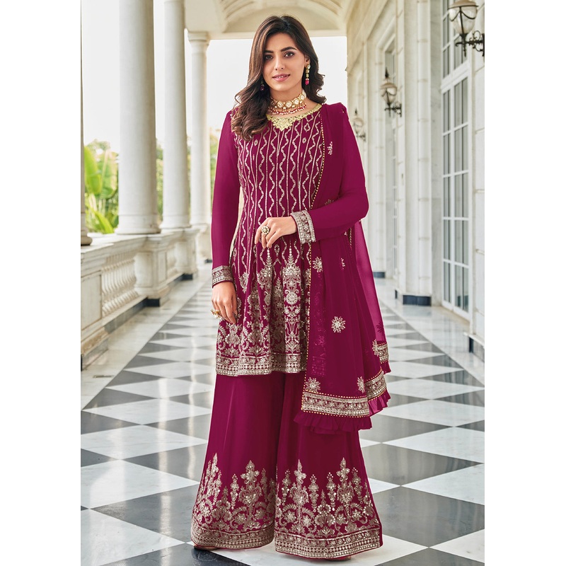Elegant Rani Pink Resham & Zari Work Palazzo Salwar Suit