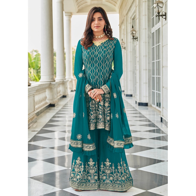 Elegant Turquoise Resham & Zari Work Palazzo Salwar Suit