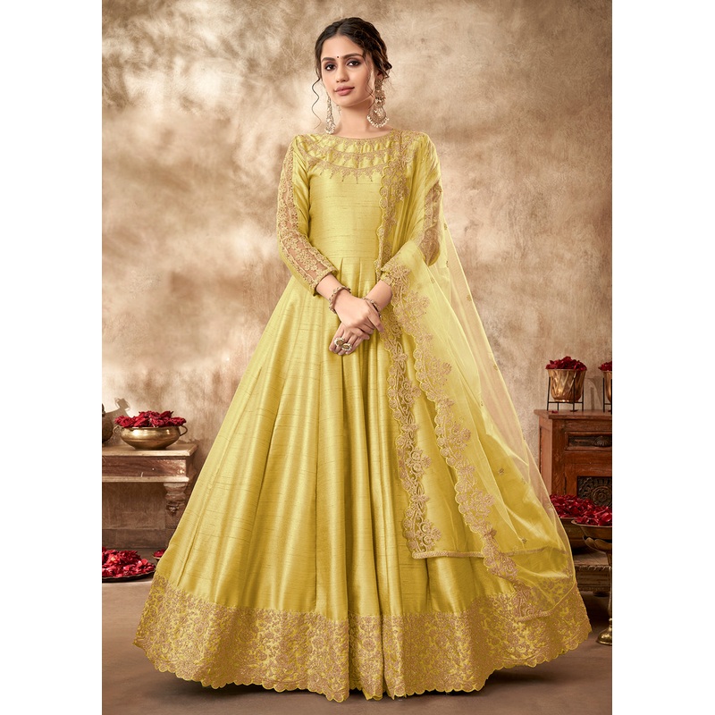 Engaging Yellow Art Silk Zari Embroidered Festive Anarkali Gown