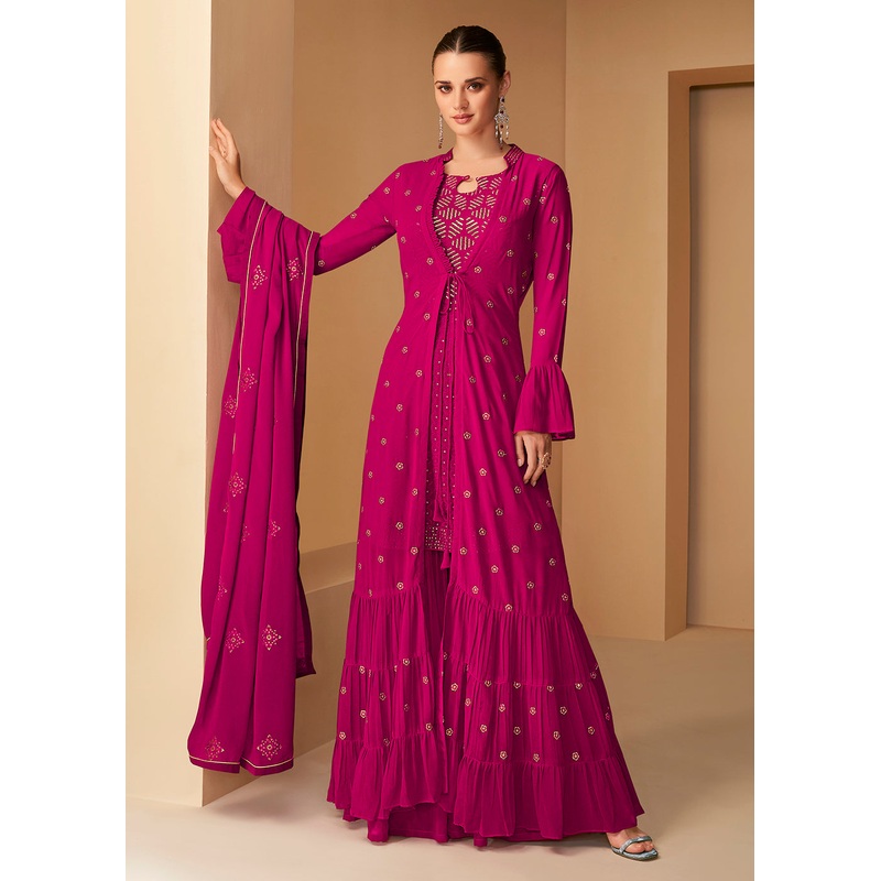 Engrossing Rani Pink Jacket Style Party Wear Indo Western Dress