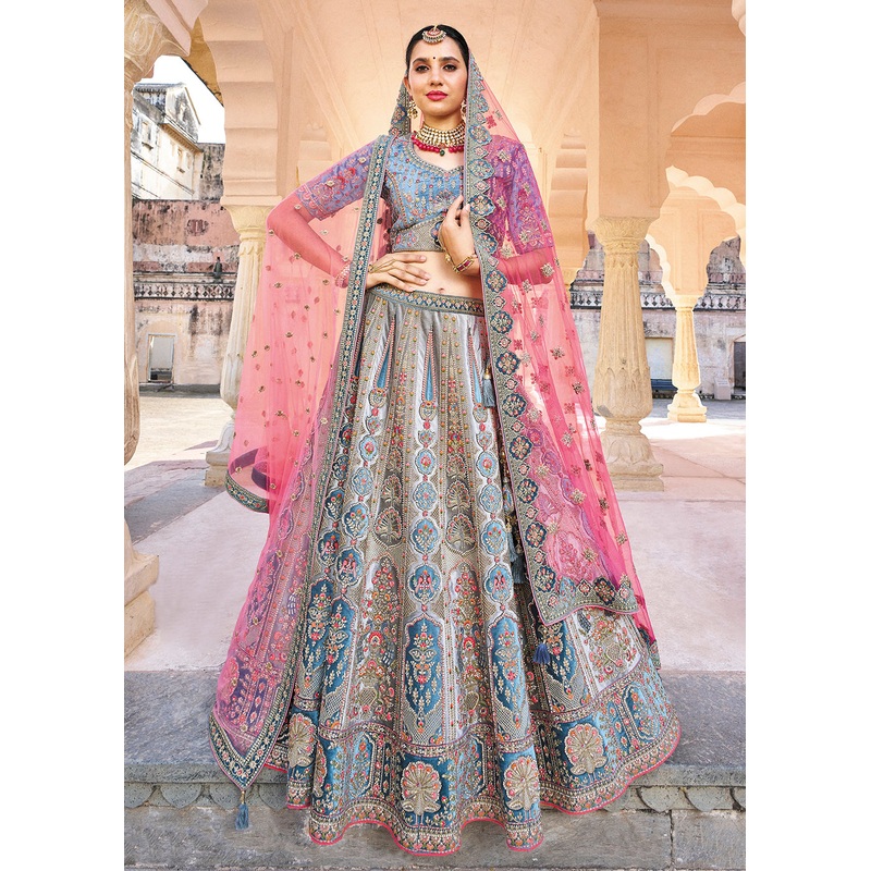 Excellent Blue Bridal Wear Heavy Embroidered Silk Lehenga Choli