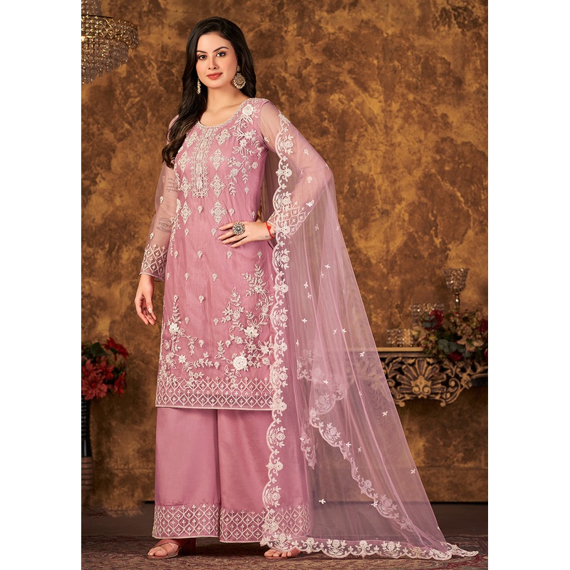 Fabulous Pink Cording Embroidered Net Palazzo Suit
