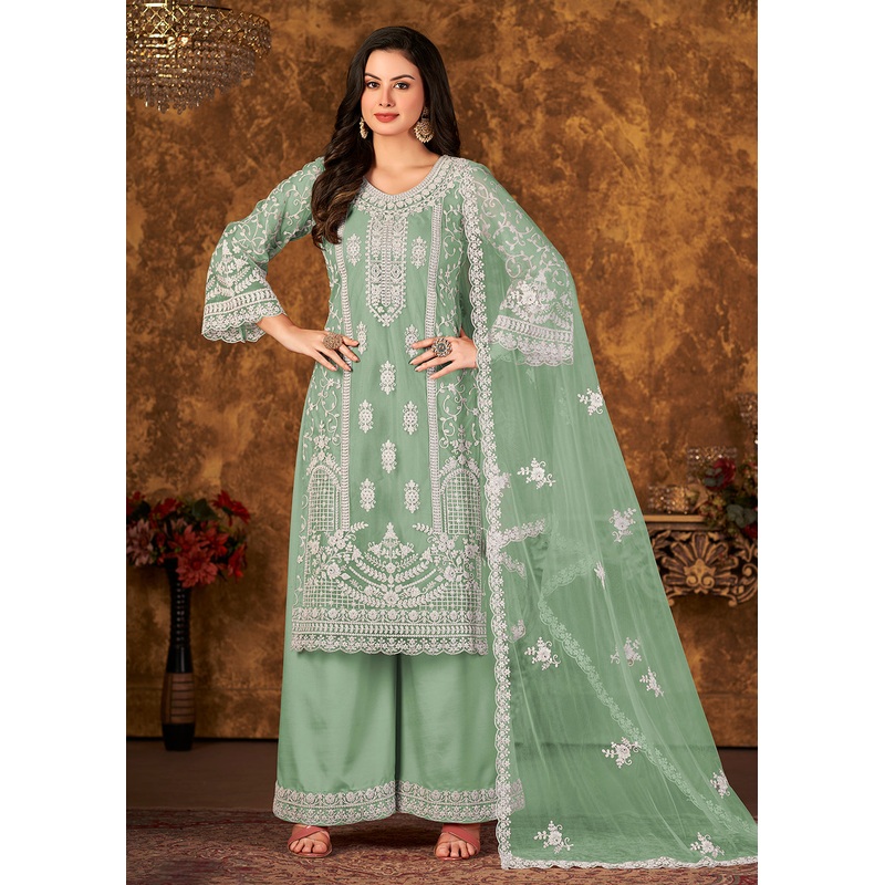 Fabulous Sea Green Cording Embroidered Net Palazzo Suit