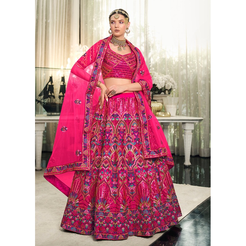 Festive Deep Pink Sequins Embroidered Wedding Trendy Lehenga
