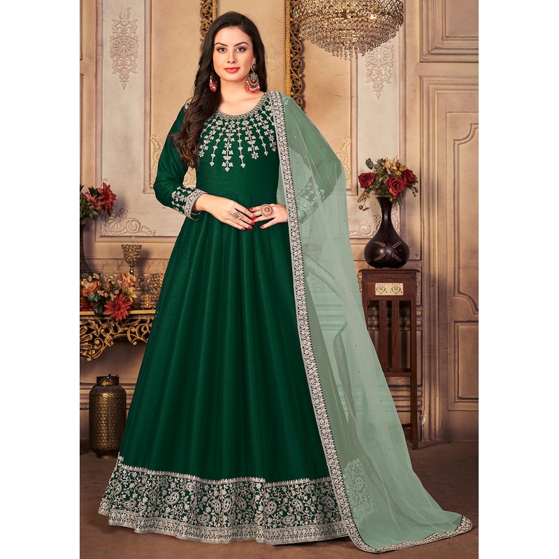Festive Elegant Green Embroidered Silk Anarkali Suit