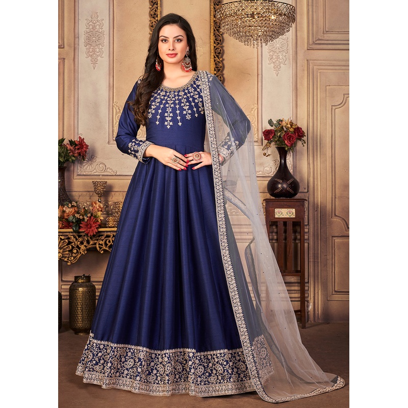 Festive Enticing Blue Embroidered Silk Anarkali Suit
