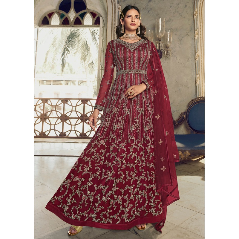 Festive Maroon Wedding Party Net Designer Anarkali Suit