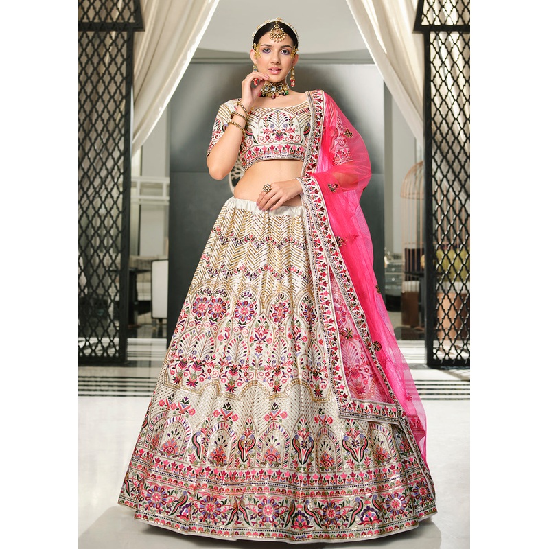 Festive Off White Sequins Embroidered Wedding Trendy Lehenga
