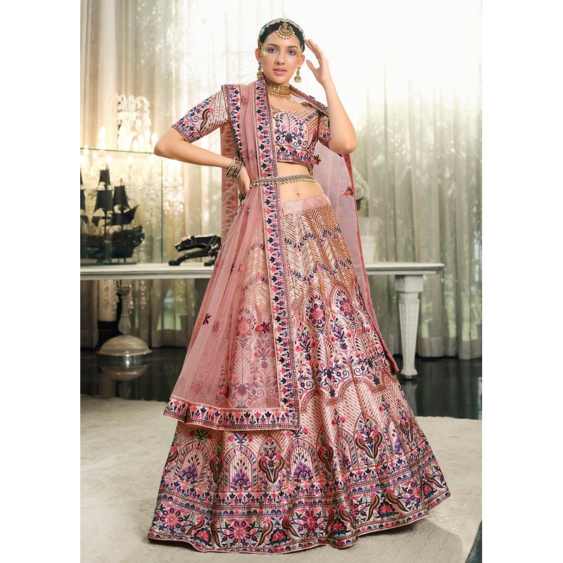 Festive Peach Sequins Embroidered Wedding Trendy Lehenga