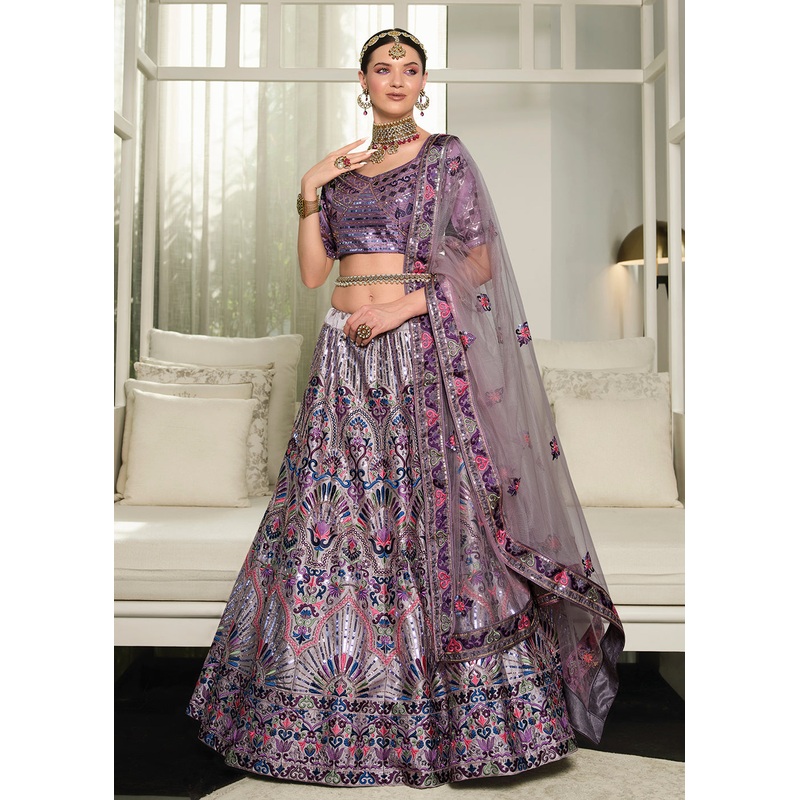 Festive Purple Sequins Embroidered Wedding Trendy Lehenga