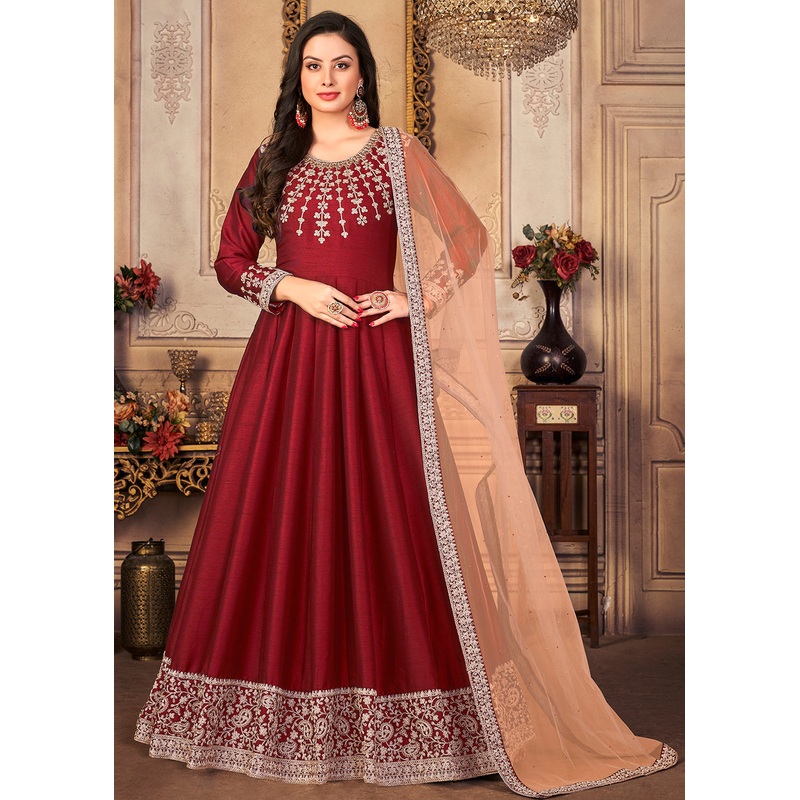 Festive Stunning Red Embroidered Silk Anarkali Suit
