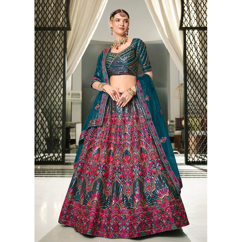 Festive Teal Blue Sequins Embroidered Wedding Trendy Lehenga