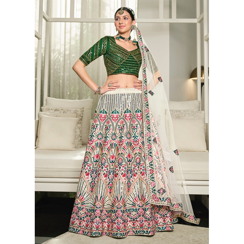 Festive White & Green Sequins Embroidered Wedding Trendy Lehenga