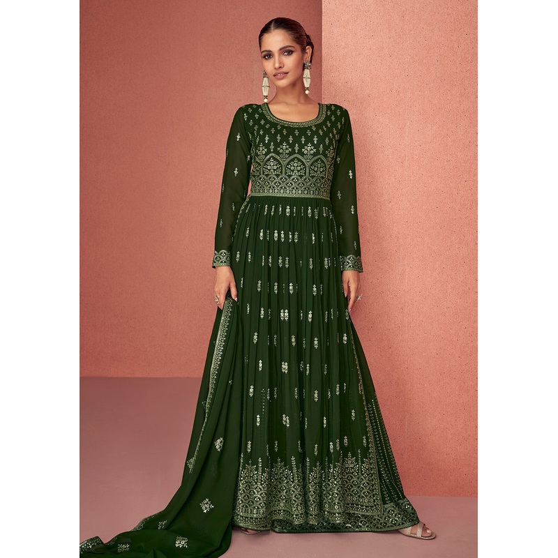 Forest Green Anarkali Style Georgette Embellished Palazzo Suit
